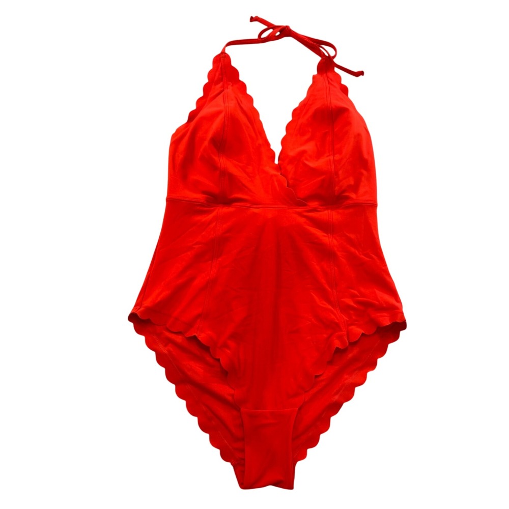 H&M Red Scalloped‎ Halter Neck One Piece Swimsuit V-Neck Beach Swimwear Sz 8